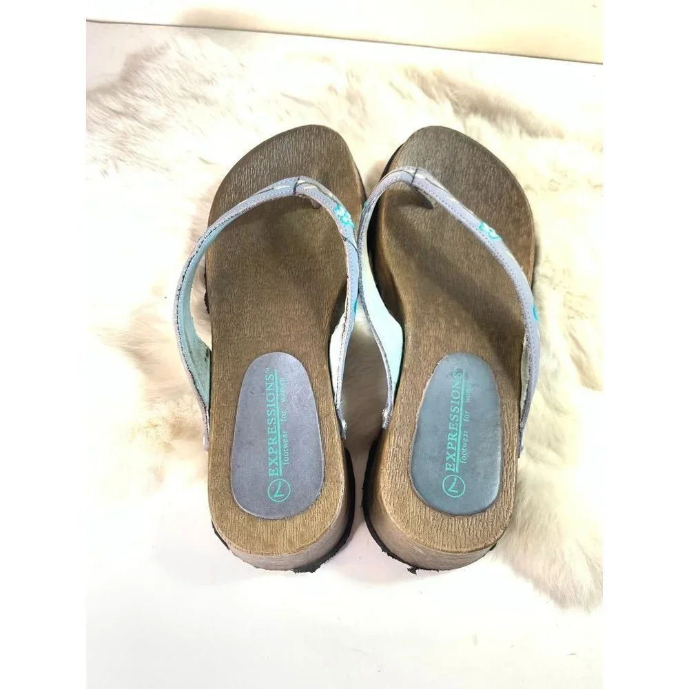 Vintage Y2K Chunky T-Strap Sandal Clog Embroidered Periwinkle Strap Size 7 - Picture 3 of 9